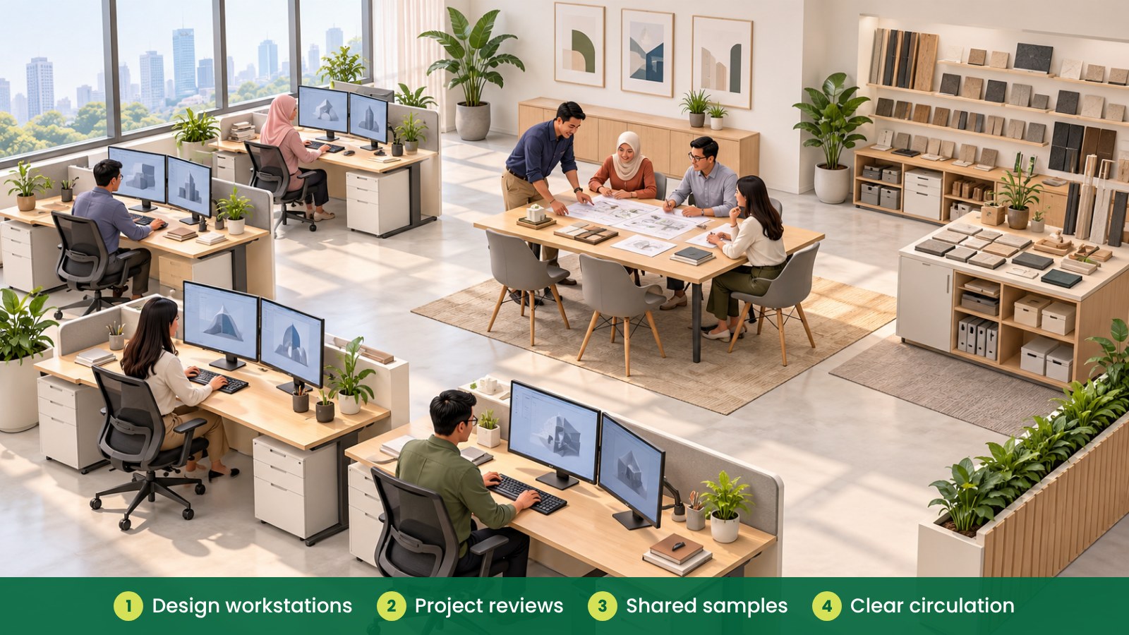 Engineering and Design Office: Desks, Screens and Storage: Design workstations, Project reviews, Shared samples, Clear circulation