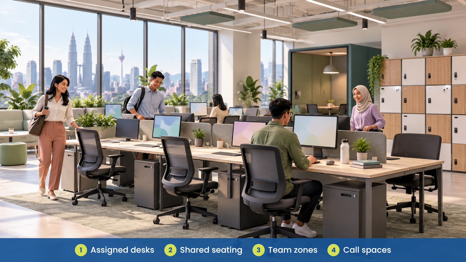 Hybrid Office Planning: How Many Desks Do You Really Need?: Assigned desks, Shared seating, Team zones, Call spaces