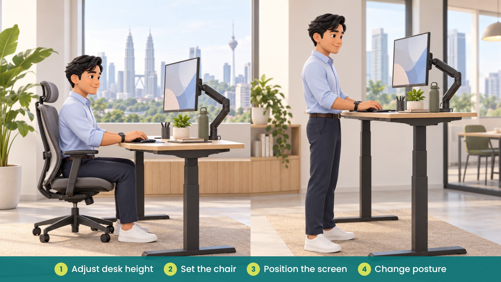 Using a Standing Desk Well: Simple Habits That Help: Adjust desk height, Set the chair, Position the screen, Change posture