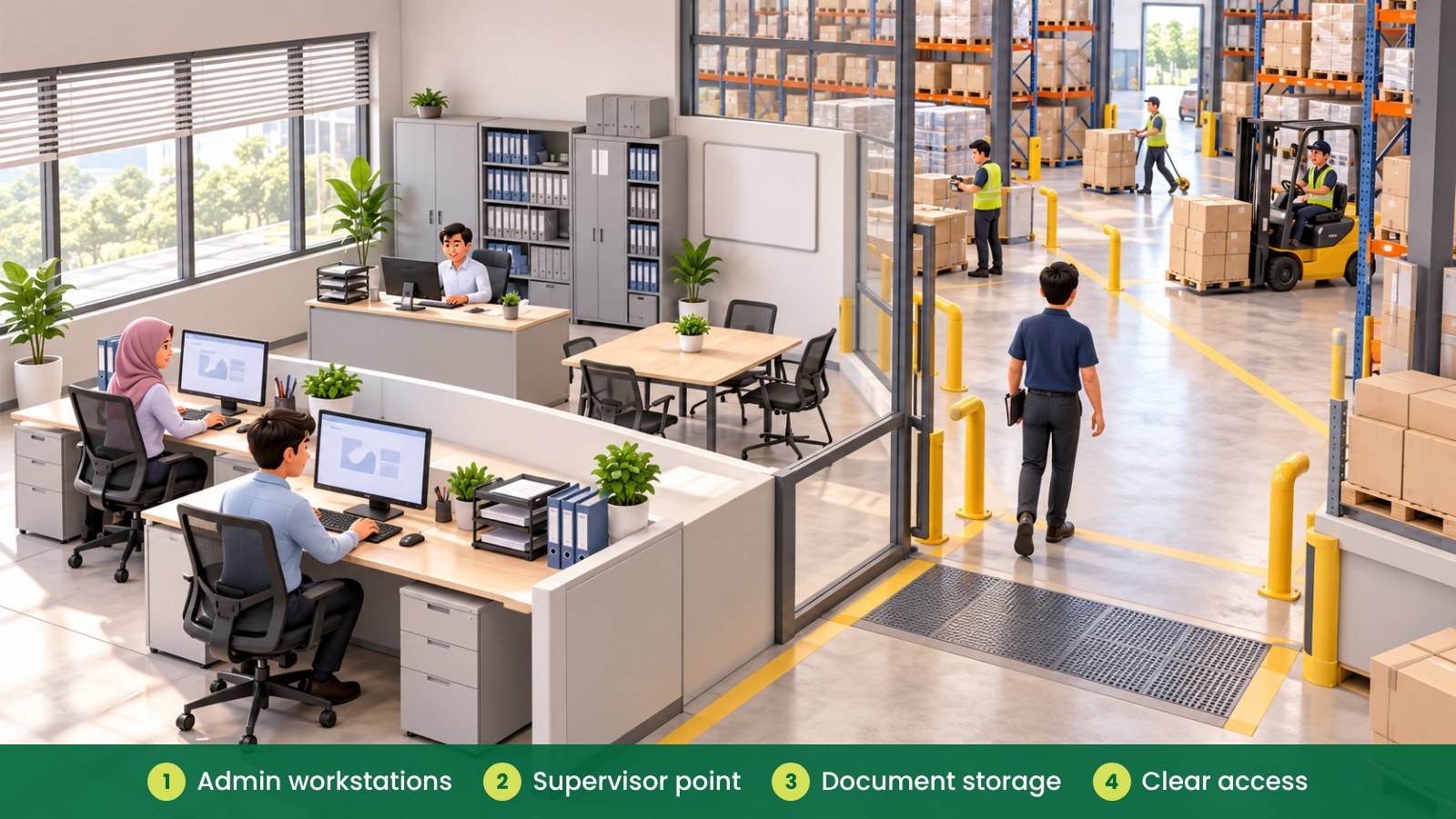 Warehouse Admin Office: What the Office Area Needs: Admin workstations, Supervisor point, Document storage, Clear access