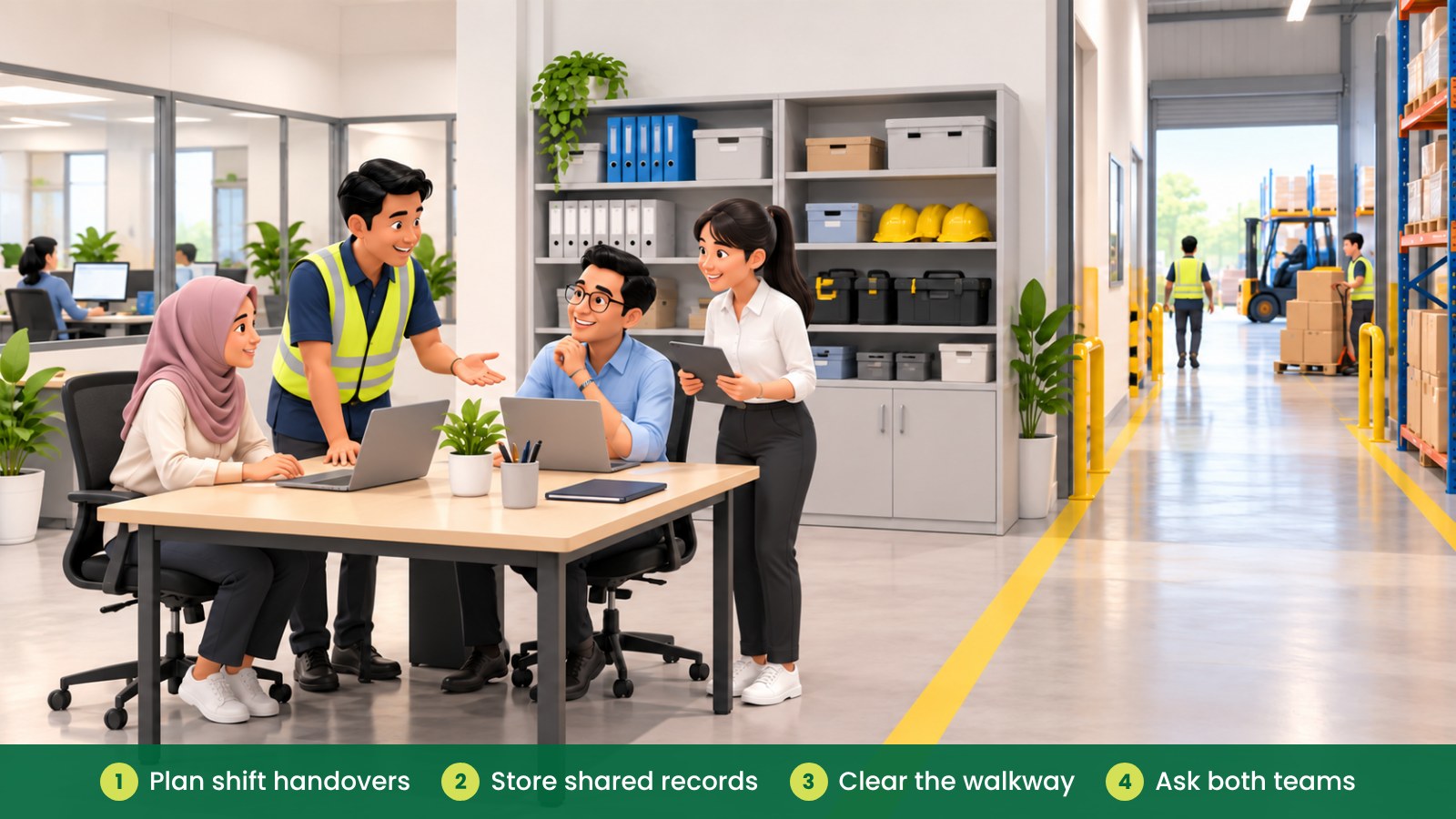Warehouse Admin Office: What the Office Area Needs: Plan shift handovers, Store shared records, Clear the walkway, Ask both teams